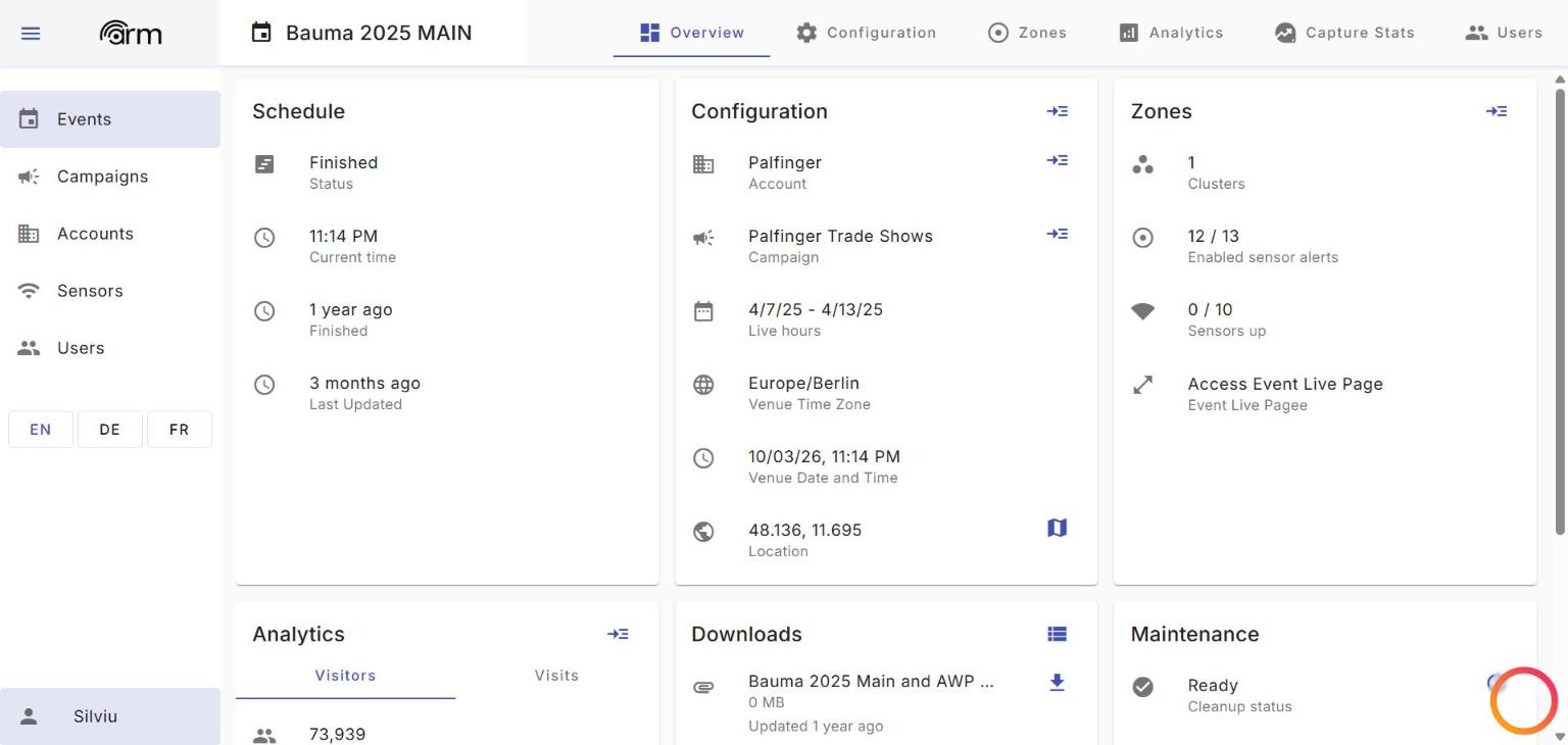 ARM dashboard: event overview with live sensor status